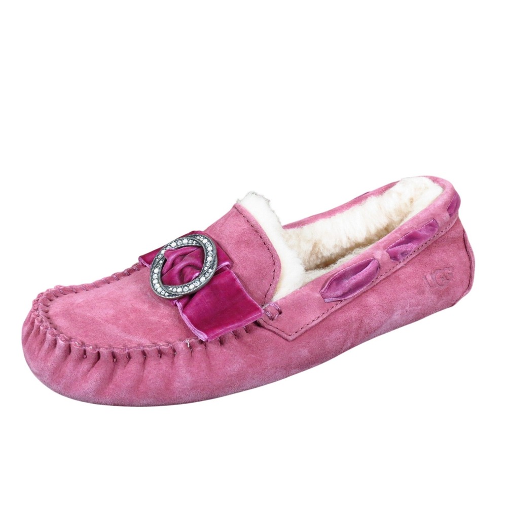 UGG Dakota Brooch Women Moccasin Slipper Sz 7 Indoor Outdoor Comfort Pink Suede